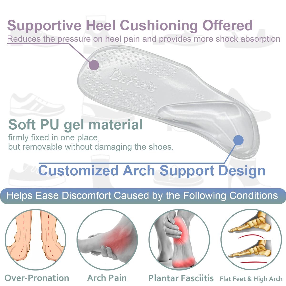 Dr.Foot Fußgewölbe-Stützeinlagen für Plantarfasziitis, selbstklebende Fußgewölbepolster Fersenkissen für flache Schuhe, Fersenschmerzen, Gel-Fußgewölbe-Einlagen für Damen und Herren, 2 Paar (Groß, Transparent)