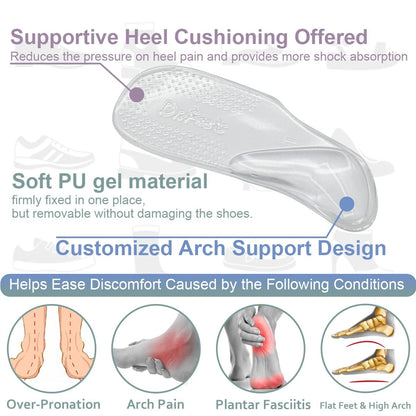 Dr.Foot Fußgewölbe-Stützeinlagen für Plantarfasziitis, selbstklebende Fußgewölbepolster Fersenkissen für flache Schuhe, Fersenschmerzen, Gel-Fußgewölbe-Einlagen für Damen und Herren, 2 Paar (Groß, Transparent)