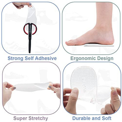 Dr.Foot Fußgewölbe-Stützeinlagen für Plantarfasziitis, selbstklebende Fußgewölbepolster Fersenkissen für flache Schuhe, Fersenschmerzen, Gel-Fußgewölbe-Einlagen für Damen und Herren, 2 Paar (Groß, Transparent)