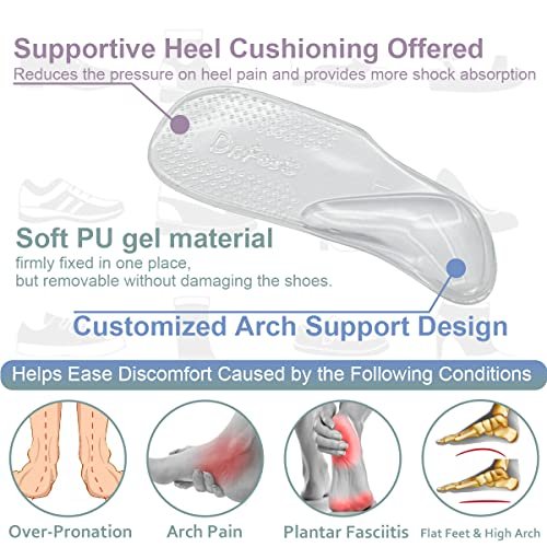Dr.Foot Fußgewölbe-Stützeinlagen für Plantarfasziitis, selbstklebende Fußgewölbepolster Fersenkissen für flache Schuhe, Fersenschmerzen, Gel-Fußgewölbe-Einlagen für Damen und Herren, 2 Paar (Groß, Transparent)