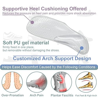 Dr.Foot Fußgewölbe-Stützeinlagen für Plantarfasziitis, selbstklebende Fußgewölbepolster Fersenkissen für flache Schuhe, Fersenschmerzen, Gel-Fußgewölbe-Einlagen für Damen und Herren, 2 Paar (Groß, Transparent)