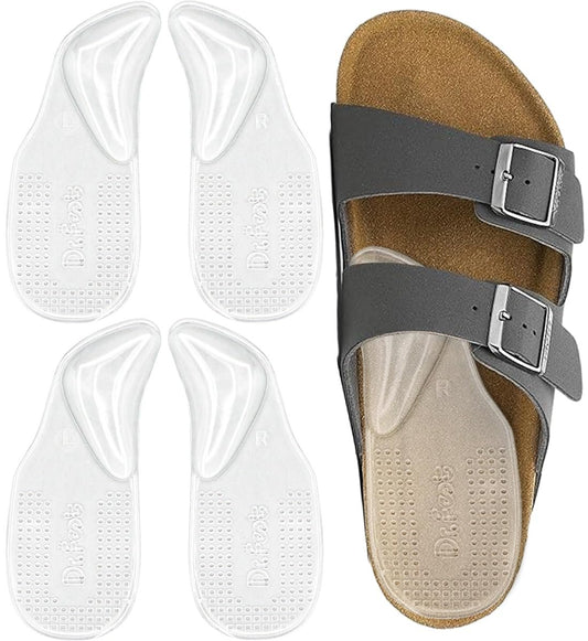 Dr.Foot Fußgewölbe-Stützeinlagen für Plantarfasziitis, selbstklebende Fußgewölbepolster Fersenkissen für flache Schuhe, Fersenschmerzen, Gel-Fußgewölbe-Einlagen für Damen und Herren, 2 Paar (Groß, Transparent)