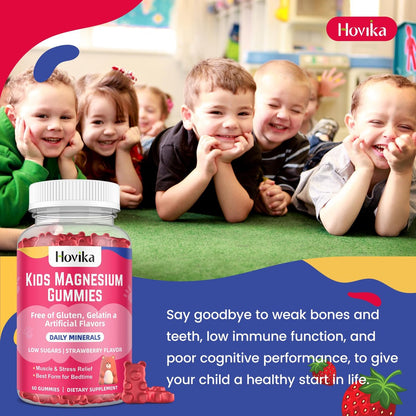 Hovika Magnesium Gummis für Kinder – Magnesiumcitrat + Vitamin B6 & D3 – Leckerer Erdbeergeschmack – Vegane Magnesium Gummis für Nerven-, Knochen- und Muskelgesundheit – 60 Stück