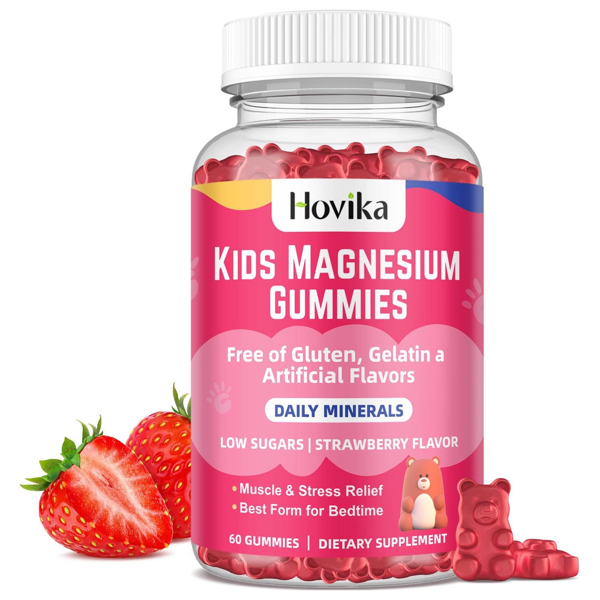 Hovika Magnesium Gummis für Kinder – Magnesiumcitrat + Vitamin B6 & D3 – Leckerer Erdbeergeschmack – Vegane Magnesium Gummis für Nerven-, Knochen- und Muskelgesundheit – 60 Stück