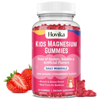 Hovika Magnesium Gummis für Kinder – Magnesiumcitrat + Vitamin B6 & D3 – Leckerer Erdbeergeschmack – Vegane Magnesium Gummis für Nerven-, Knochen- und Muskelgesundheit – 60 Stück