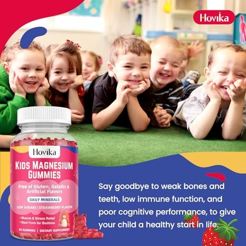 Hovika Magnesium Gummis für Kinder – Magnesiumcitrat + Vitamin B6 & D3 – Leckerer Erdbeergeschmack – Vegane Magnesium Gummis für Nerven-, Knochen- und Muskelgesundheit – 60 Stück
