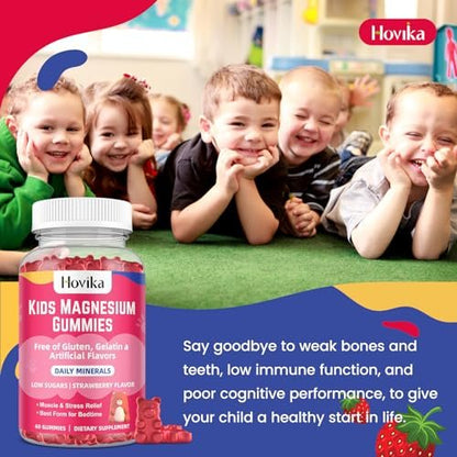 Hovika Magnesium Gummis für Kinder – Magnesiumcitrat + Vitamin B6 & D3 – Leckerer Erdbeergeschmack – Vegane Magnesium Gummis für Nerven-, Knochen- und Muskelgesundheit – 60 Stück