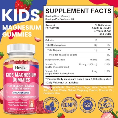 Hovika Magnesium Gummis für Kinder – Magnesiumcitrat + Vitamin B6 & D3 – Leckerer Erdbeergeschmack – Vegane Magnesium Gummis für Nerven-, Knochen- und Muskelgesundheit – 60 Stück