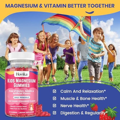 Hovika Magnesium Gummis für Kinder – Magnesiumcitrat + Vitamin B6 & D3 – Leckerer Erdbeergeschmack – Vegane Magnesium Gummis für Nerven-, Knochen- und Muskelgesundheit – 60 Stück