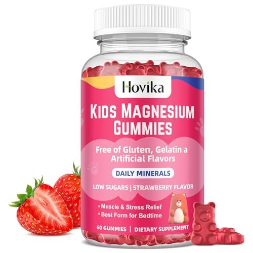 Hovika Magnesium Gummis für Kinder – Magnesiumcitrat + Vitamin B6 & D3 – Leckerer Erdbeergeschmack – Vegane Magnesium Gummis für Nerven-, Knochen- und Muskelgesundheit – 60 Stück
