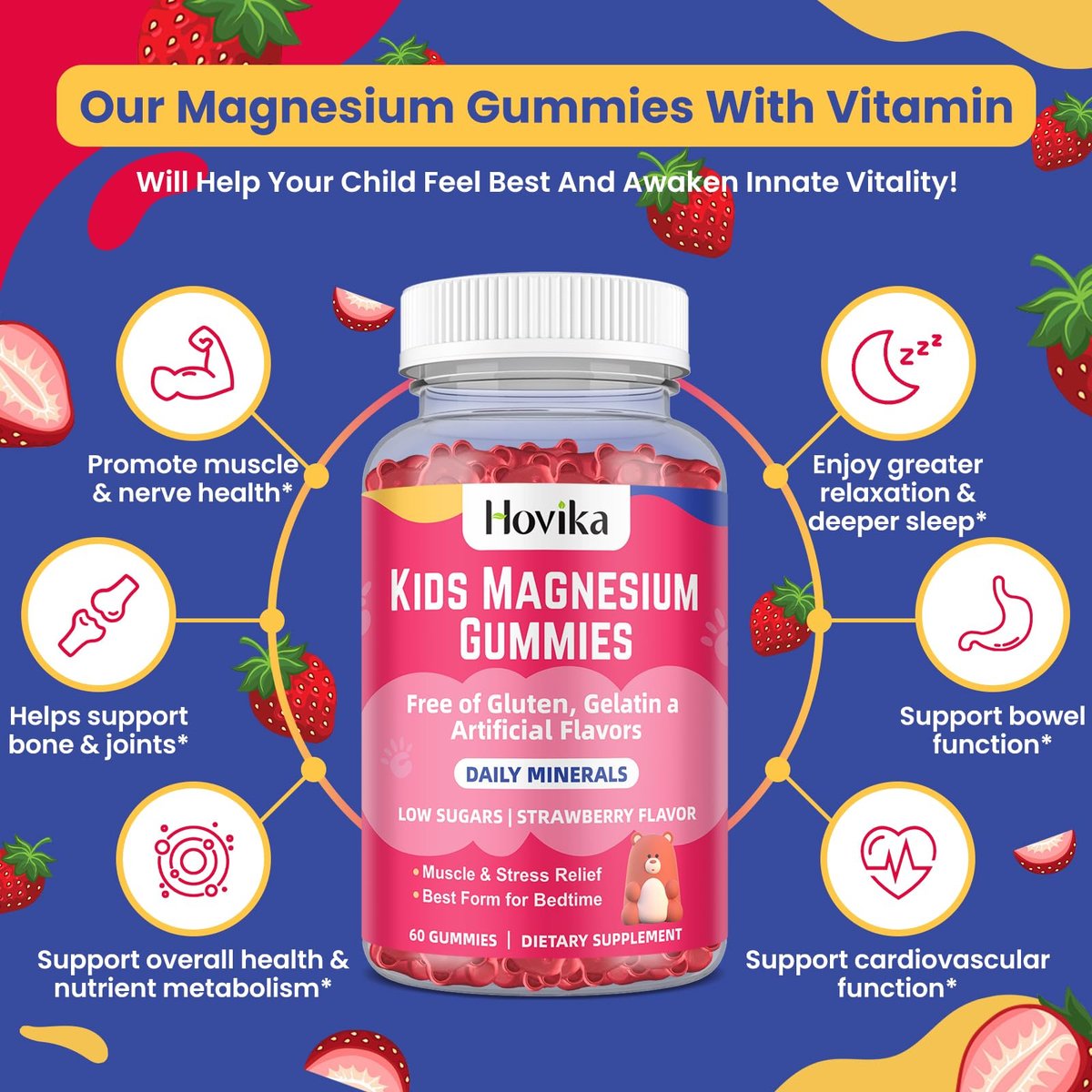 Hovika Magnesium Gummis für Kinder – Magnesiumcitrat + Vitamin B6 & D3 – Leckerer Erdbeergeschmack – Vegane Magnesium Gummis für Nerven-, Knochen- und Muskelgesundheit – 60 Stück