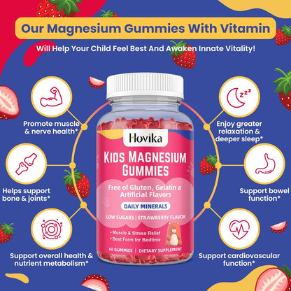 Hovika Magnesium Gummis für Kinder – Magnesiumcitrat + Vitamin B6 & D3 – Leckerer Erdbeergeschmack – Vegane Magnesium Gummis für Nerven-, Knochen- und Muskelgesundheit – 60 Stück