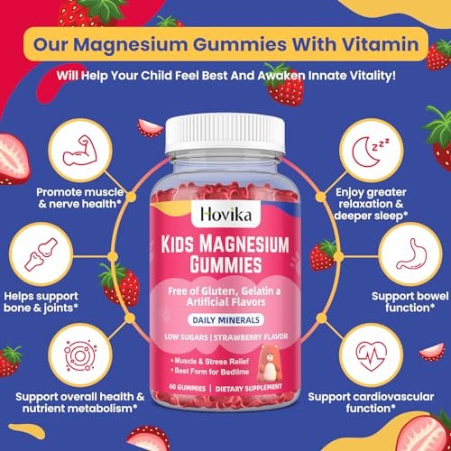 Hovika Magnesium Gummis für Kinder – Magnesiumcitrat + Vitamin B6 & D3 – Leckerer Erdbeergeschmack – Vegane Magnesium Gummis für Nerven-, Knochen- und Muskelgesundheit – 60 Stück