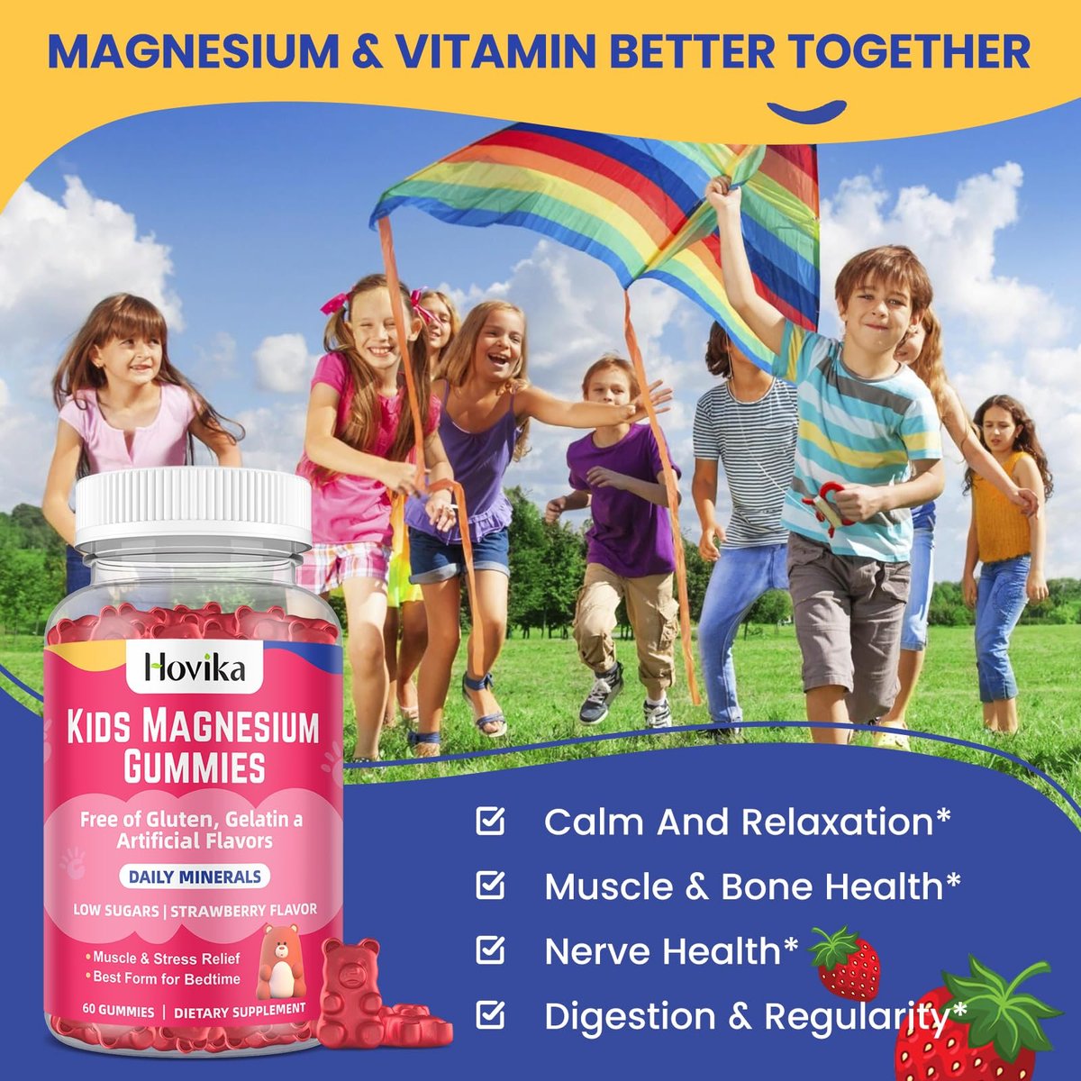 Hovika Magnesium Gummis für Kinder – Magnesiumcitrat + Vitamin B6 & D3 – Leckerer Erdbeergeschmack – Vegane Magnesium Gummis für Nerven-, Knochen- und Muskelgesundheit – 60 Stück
