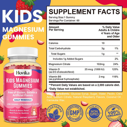 Hovika Magnesium Gummis für Kinder – Magnesiumcitrat + Vitamin B6 & D3 – Leckerer Erdbeergeschmack – Vegane Magnesium Gummis für Nerven-, Knochen- und Muskelgesundheit – 60 Stück