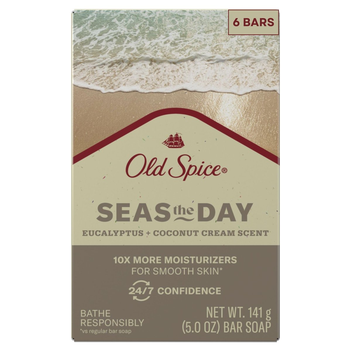 Old Spice Premium Bar Soap Seas The Day – Eukalyptus & Kokoscreme Duft, mit pflanzlichen Reinigern, 5,0 oz (6er Pack)