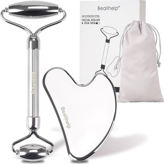 Bealihelp Gesichtsroller und Gua Sha – Edelstahl Gesichtsroller und Guasha Werkzeug für Hautpflege, Anti-Falten und Lifting, Verbessert Schwellungen, Metall Gesichtsmassagegerät für Augen und Halsstraffung