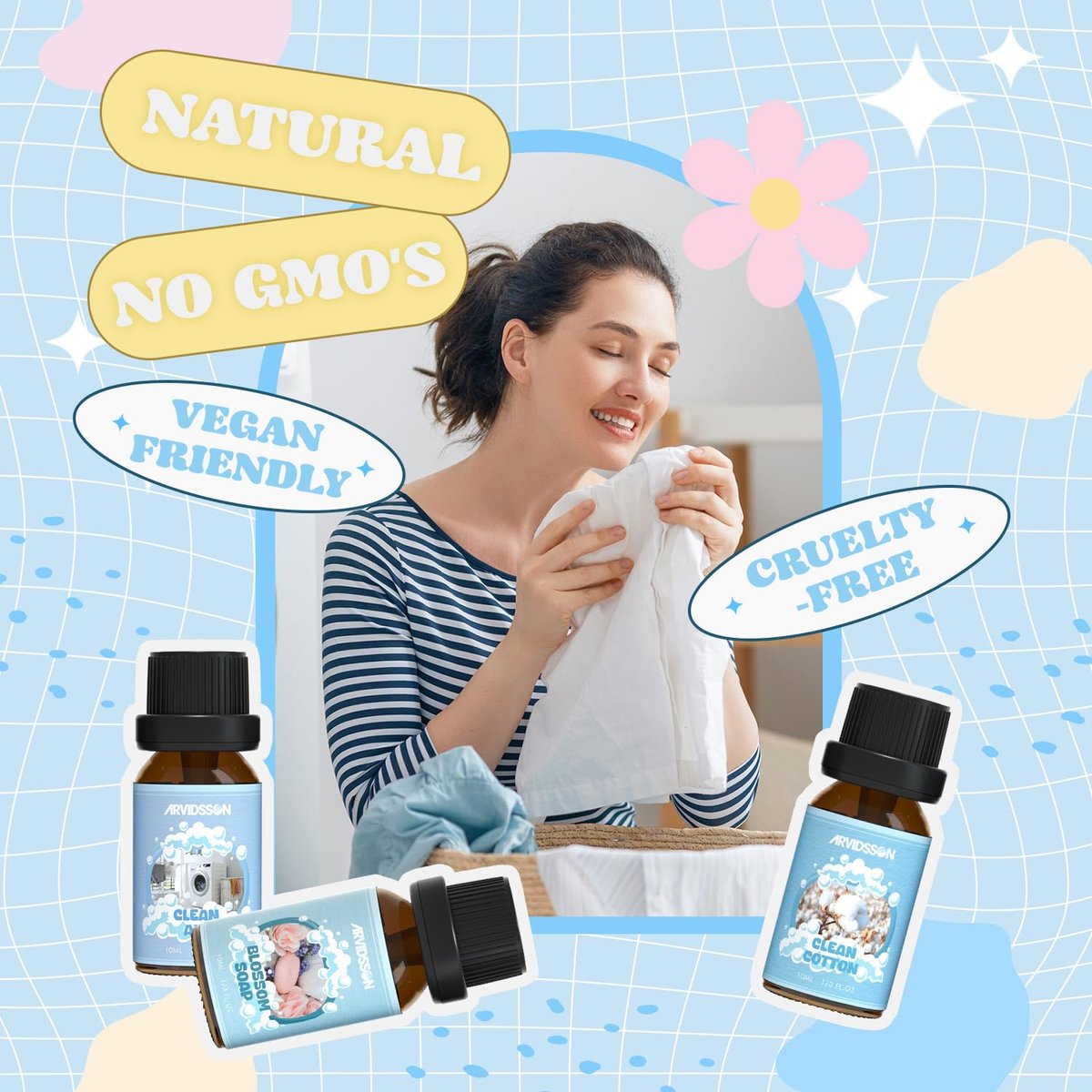 ARVIDSSON Ätherische Öle Set – Natürliche Duftöle für Diffuser, Seifenherstellung – Fresh Linen, Clean Home, Fresh Cotton, Soft Powder, Blossom Soap, Lemongrass – Erfrischende Duftöle für Zuhause