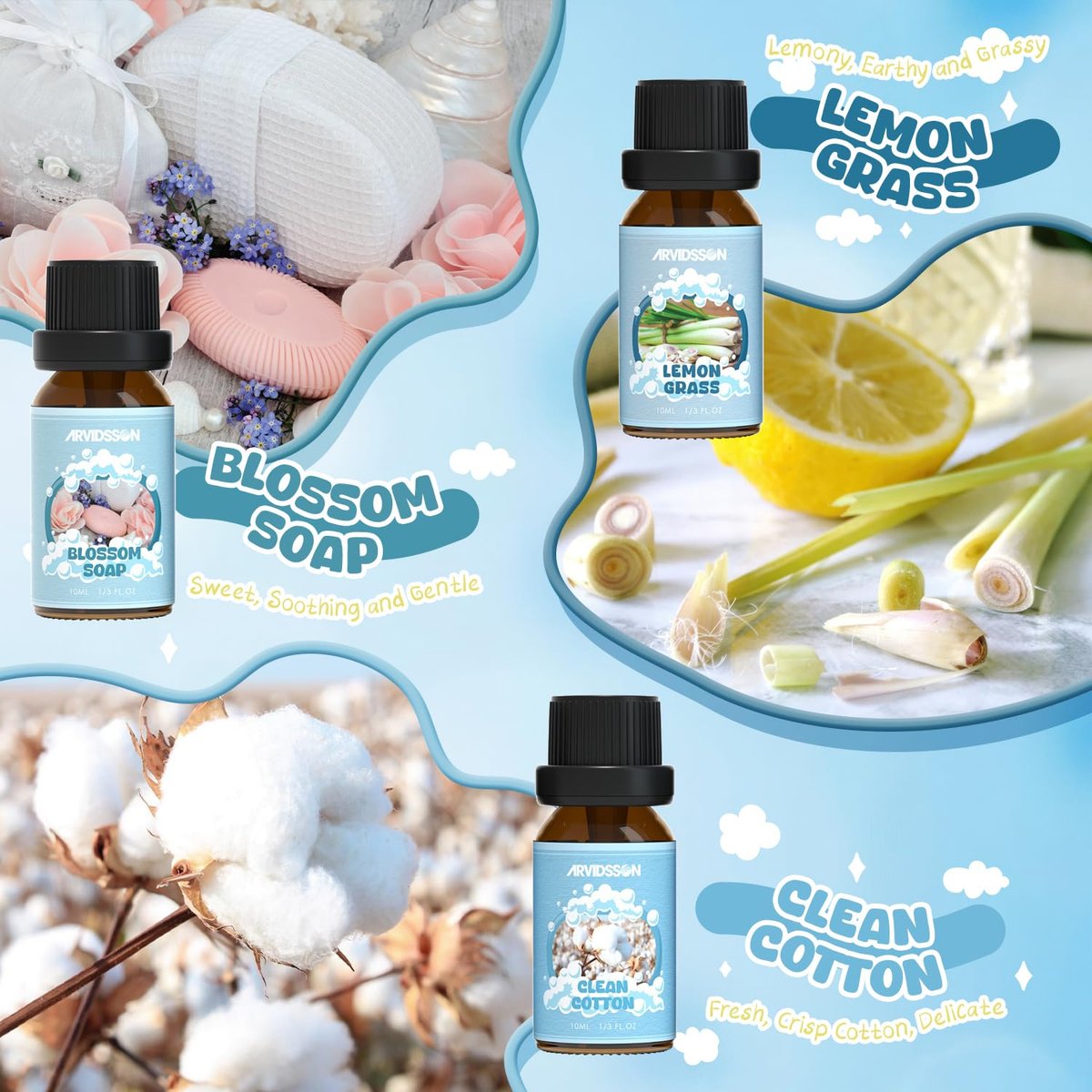ARVIDSSON Ätherische Öle Set – Natürliche Duftöle für Diffuser, Seifenherstellung – Fresh Linen, Clean Home, Fresh Cotton, Soft Powder, Blossom Soap, Lemongrass – Erfrischende Duftöle für Zuhause