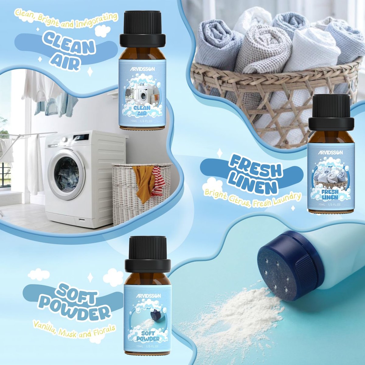 ARVIDSSON Ätherische Öle Set – Natürliche Duftöle für Diffuser, Seifenherstellung – Fresh Linen, Clean Home, Fresh Cotton, Soft Powder, Blossom Soap, Lemongrass – Erfrischende Duftöle für Zuhause