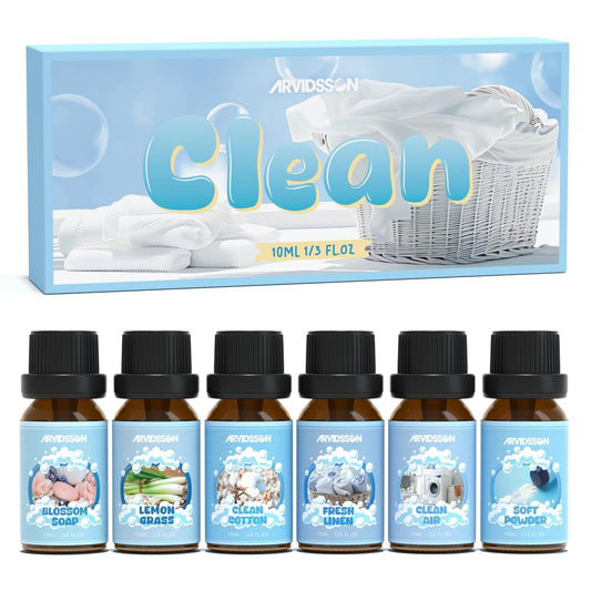 ARVIDSSON Ätherische Öle Set – Natürliche Duftöle für Diffuser, Seifenherstellung – Fresh Linen, Clean Home, Fresh Cotton, Soft Powder, Blossom Soap, Lemongrass – Erfrischende Duftöle für Zuhause