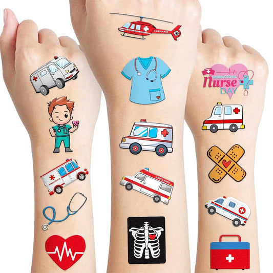 96 Stück temporäre Tattoos für die Krankenpflegewoche – Rettungswagen-Aufkleber für Kindergeburtstage, Notfall-Party-Dekoration, Geschenke für Jungen und Mädchen, Schulsachen