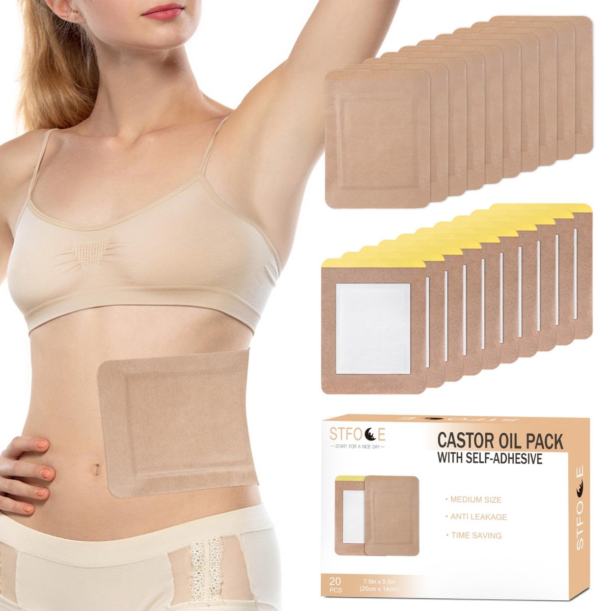 STFOCE 20er Pack Rizinusöl-Packung Wickel, Selbstklebend, Einweg, 7,9"x5,5", Auslaufsicher, Kein Waschen Nötig, Tragbar (Öl nicht enthalten)