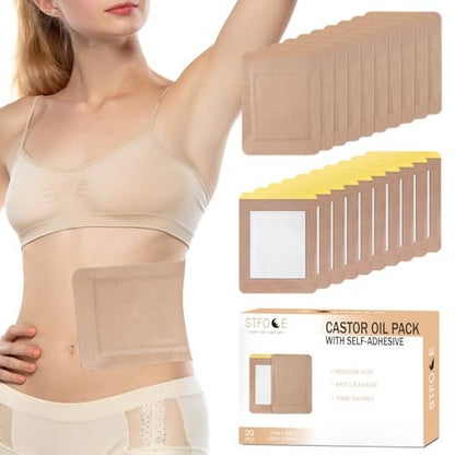 STFOCE 20er Pack Rizinusöl-Packung Wickel, Selbstklebend, Einweg, 7,9"x5,5", Auslaufsicher, Kein Waschen Nötig, Tragbar (Öl nicht enthalten)