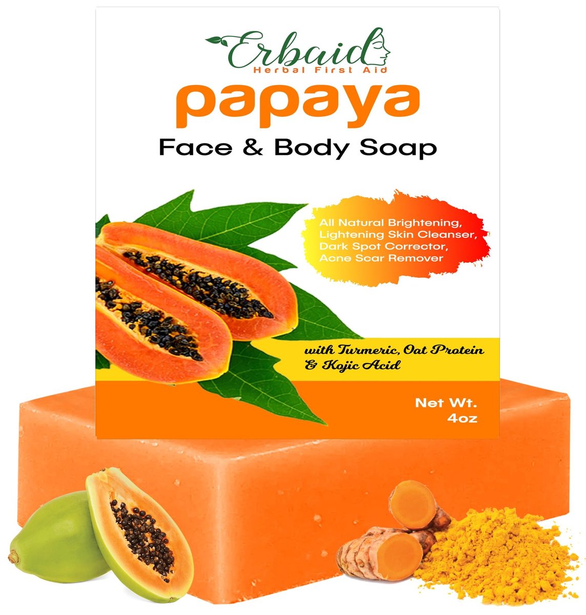 Erbaid Papaya Seife Gesicht & Körper – Hautaufhellende Papaya-Seifenbar gegen dunkle Flecken – Reduziert Akne, reinigt Narben & gleicht Hautton aus – mit Kurkuma, Kojisäure & ätherischen Ölen – für alle Hauttypen