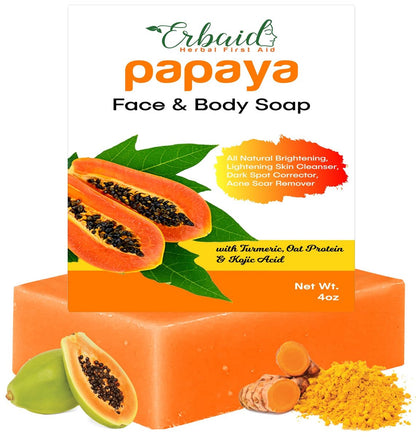 Erbaid Papaya Seife Gesicht & Körper – Hautaufhellende Papaya-Seifenbar gegen dunkle Flecken – Reduziert Akne, reinigt Narben & gleicht Hautton aus – mit Kurkuma, Kojisäure & ätherischen Ölen – für alle Hauttypen