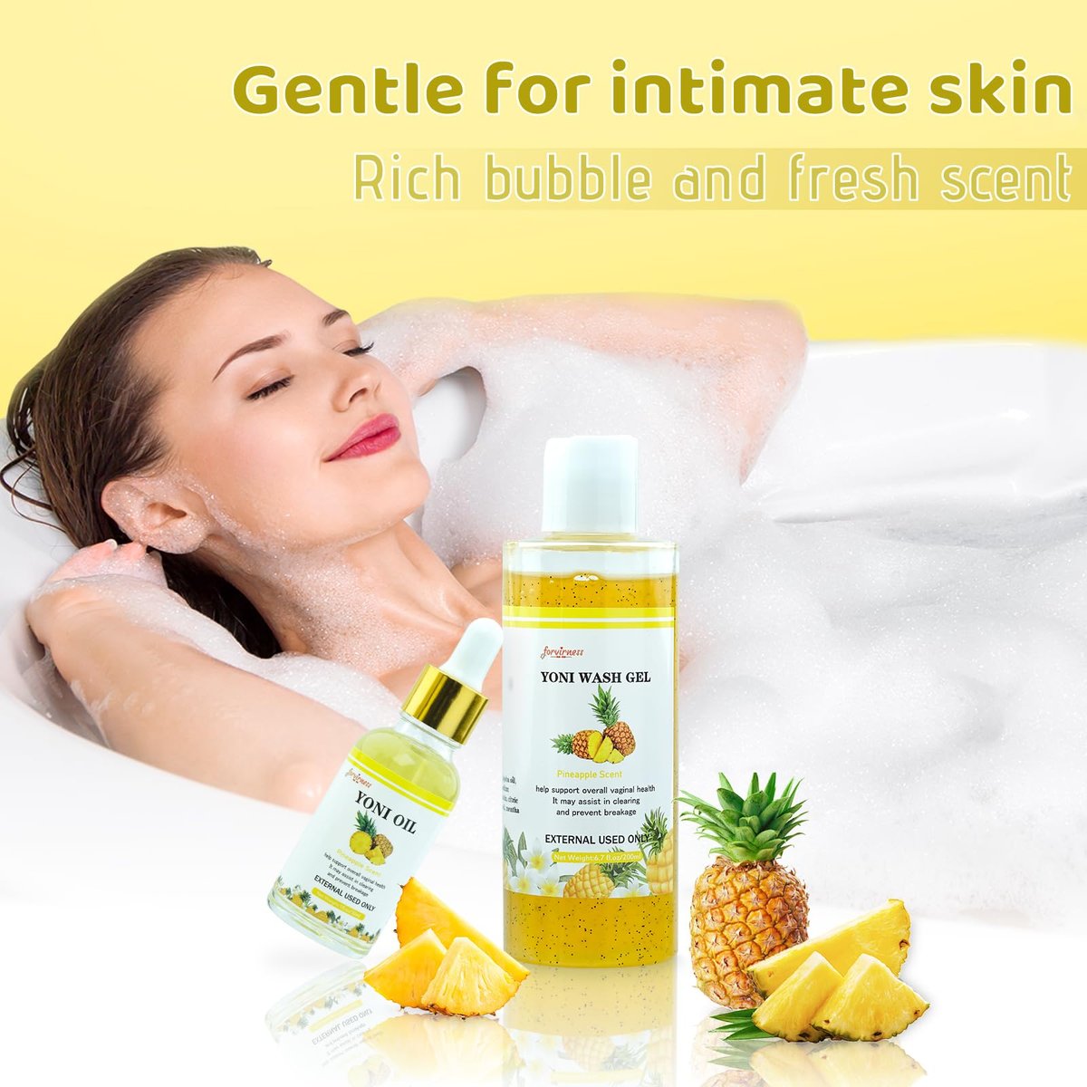 Natural Yoni Wash Yoni Oil Set, Femininwasch für Frauen pH-Balance, 30 ml Femininöl & 200 ml Intimwaschgel - Ananasduft