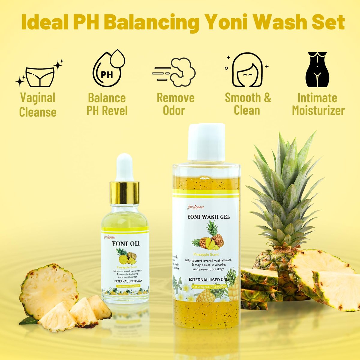 Natural Yoni Wash Yoni Oil Set, Femininwasch für Frauen pH-Balance, 30 ml Femininöl & 200 ml Intimwaschgel - Ananasduft