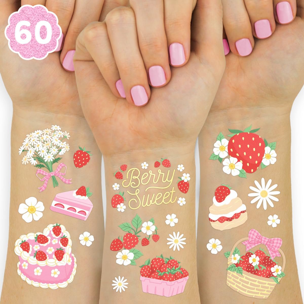 xo, Fetti Erdbeer-Party Temporäre Tattoos – 60 Designs | Süße Accessoires für Dessert-Geburtstag, Gartenparty, Ostern