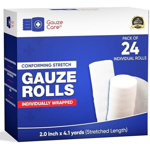 Gaze-Wickel 2 Zoll, Packung mit 24 – Hochwertige, fussel- und latexfreie Rollgaze 2 Zoll x 4,1 Yards – Konformitäts-Stretchbinden für effektive Wundversorgung und Komfort