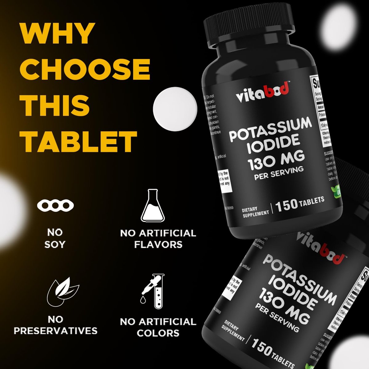 Vitabod Kaliumiodid Nahrungsergänzungsmittel 130 mg pro Portion - 150 Tabletten (1 Flasche) - Haltbar bis 05/2030