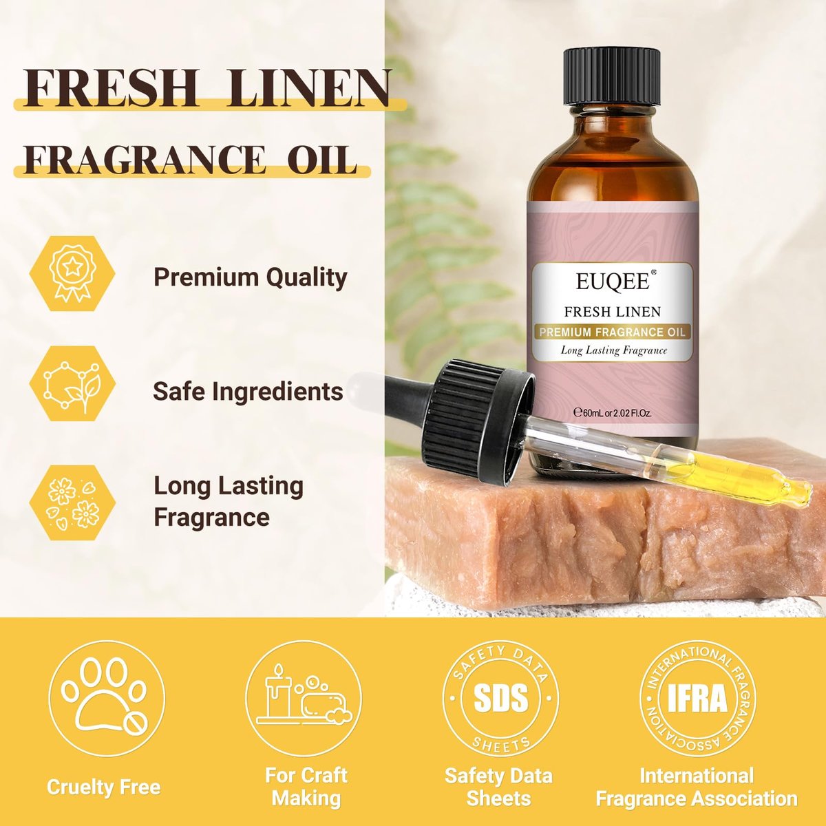 EUQEE Fresh Linen Duftöl 60 ml – Premium Duftöl für Aromatherapie, Diffuser, DIY Badebomben und Kerzenherstellung (2,02 Fl Oz)