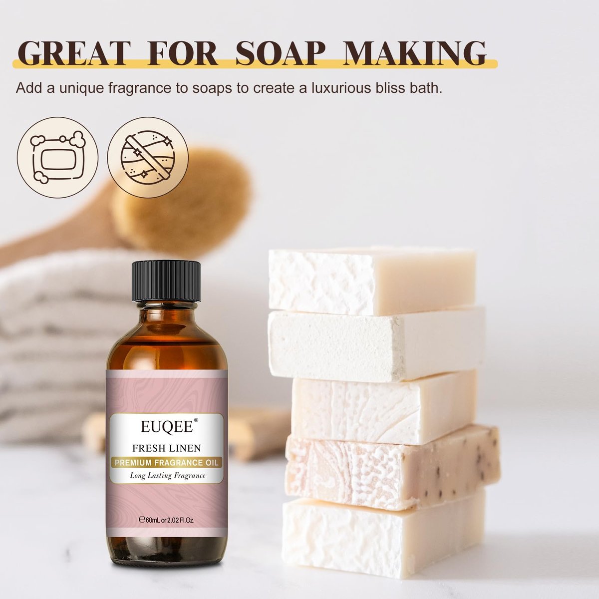 EUQEE Fresh Linen Duftöl 60 ml – Premium Duftöl für Aromatherapie, Diffuser, DIY Badebomben und Kerzenherstellung (2,02 Fl Oz)