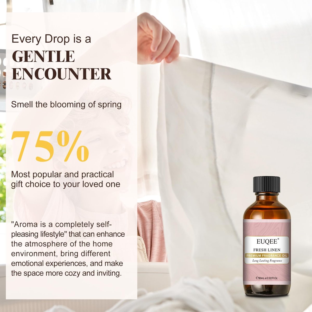 EUQEE Fresh Linen Duftöl 60 ml – Premium Duftöl für Aromatherapie, Diffuser, DIY Badebomben und Kerzenherstellung (2,02 Fl Oz)