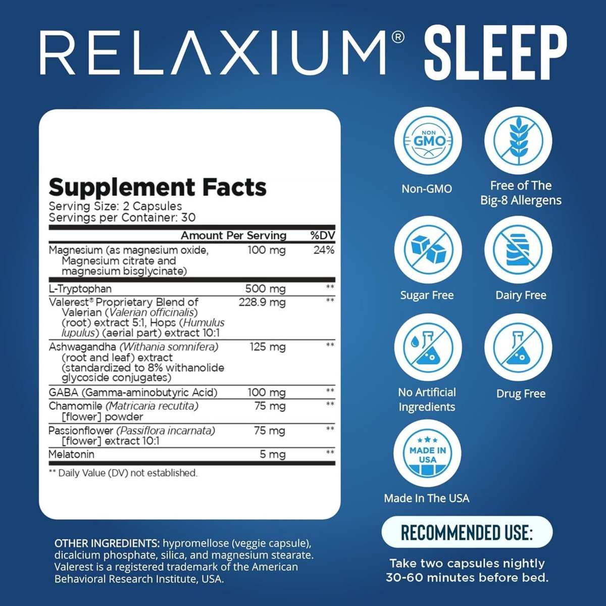 Relaxium Schlafhilfe für Erwachsene – Professionelle Stärke | 5 mg Melatonin, Magnesiumglycinat, Valerest & Ashwagandha | Nicht gewohnheitsbildende Schlafunterstützung | 30-Tage-Vorrat