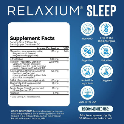 Relaxium Schlafhilfe für Erwachsene – Professionelle Stärke | 5 mg Melatonin, Magnesiumglycinat, Valerest & Ashwagandha | Nicht gewohnheitsbildende Schlafunterstützung | 30-Tage-Vorrat