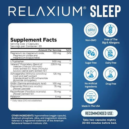 Relaxium Schlafhilfe für Erwachsene – Professionelle Stärke | 5 mg Melatonin, Magnesiumglycinat, Valerest & Ashwagandha | Nicht gewohnheitsbildende Schlafunterstützung | 30-Tage-Vorrat