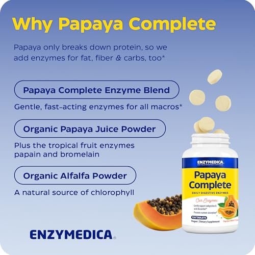 Enzymedica Papaya Complete – Kautabletten mit Papaya-Enzymen, Verdauungsergänzung für Frauen und Männer, Unterstützung der Verdauung und Darmgesundheit, hochpotentes Bromelain und Papain, vegan, glutenfrei – 120 Tabletten