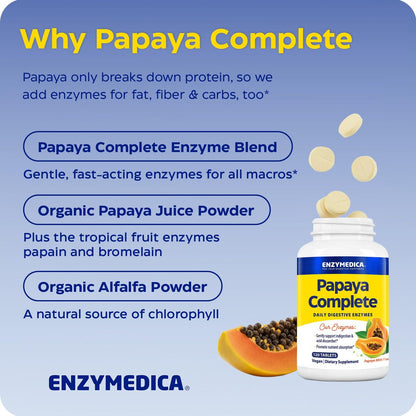 Enzymedica Papaya Complete – Kautabletten mit Papaya-Enzymen, Verdauungsergänzung für Frauen und Männer, Unterstützung der Verdauung und Darmgesundheit, hochpotentes Bromelain und Papain, vegan, glutenfrei – 120 Tabletten