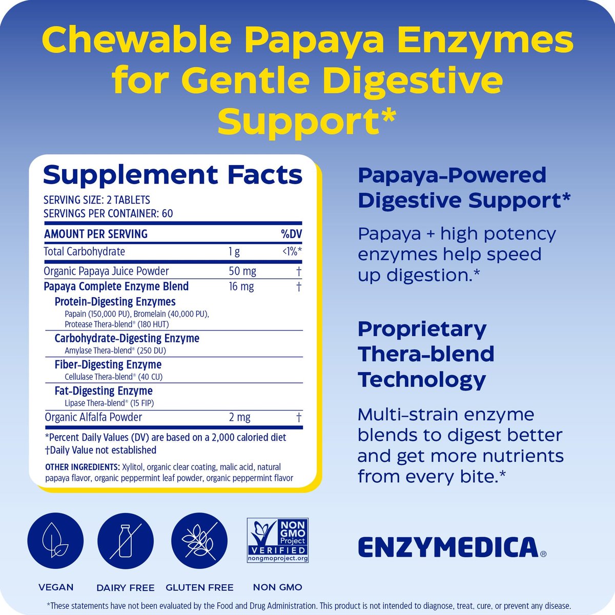 Enzymedica Papaya Complete – Kautabletten mit Papaya-Enzymen, Verdauungsergänzung für Frauen und Männer, Unterstützung der Verdauung und Darmgesundheit, hochpotentes Bromelain und Papain, vegan, glutenfrei – 120 Tabletten