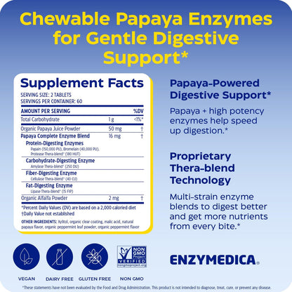 Enzymedica Papaya Complete – Kautabletten mit Papaya-Enzymen, Verdauungsergänzung für Frauen und Männer, Unterstützung der Verdauung und Darmgesundheit, hochpotentes Bromelain und Papain, vegan, glutenfrei – 120 Tabletten
