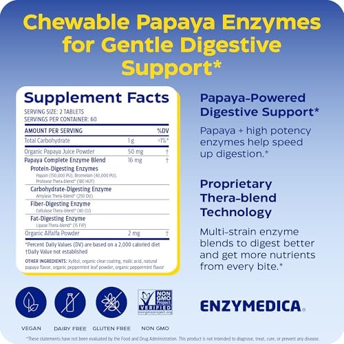 Enzymedica Papaya Complete – Kautabletten mit Papaya-Enzymen, Verdauungsergänzung für Frauen und Männer, Unterstützung der Verdauung und Darmgesundheit, hochpotentes Bromelain und Papain, vegan, glutenfrei – 120 Tabletten