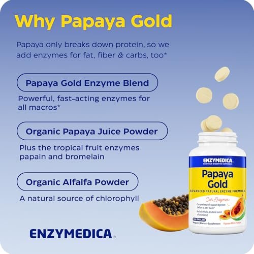 Enzymedica Papaya Gold – Kautabletten mit Papaya-Enzymen, Verdauungsenzyme für Frauen und Männer, Unterstützung der Verdauung und Darmgesundheit, hochwirksames Bromelain und Papain, vegan, glutenfrei – 120 Tabletten