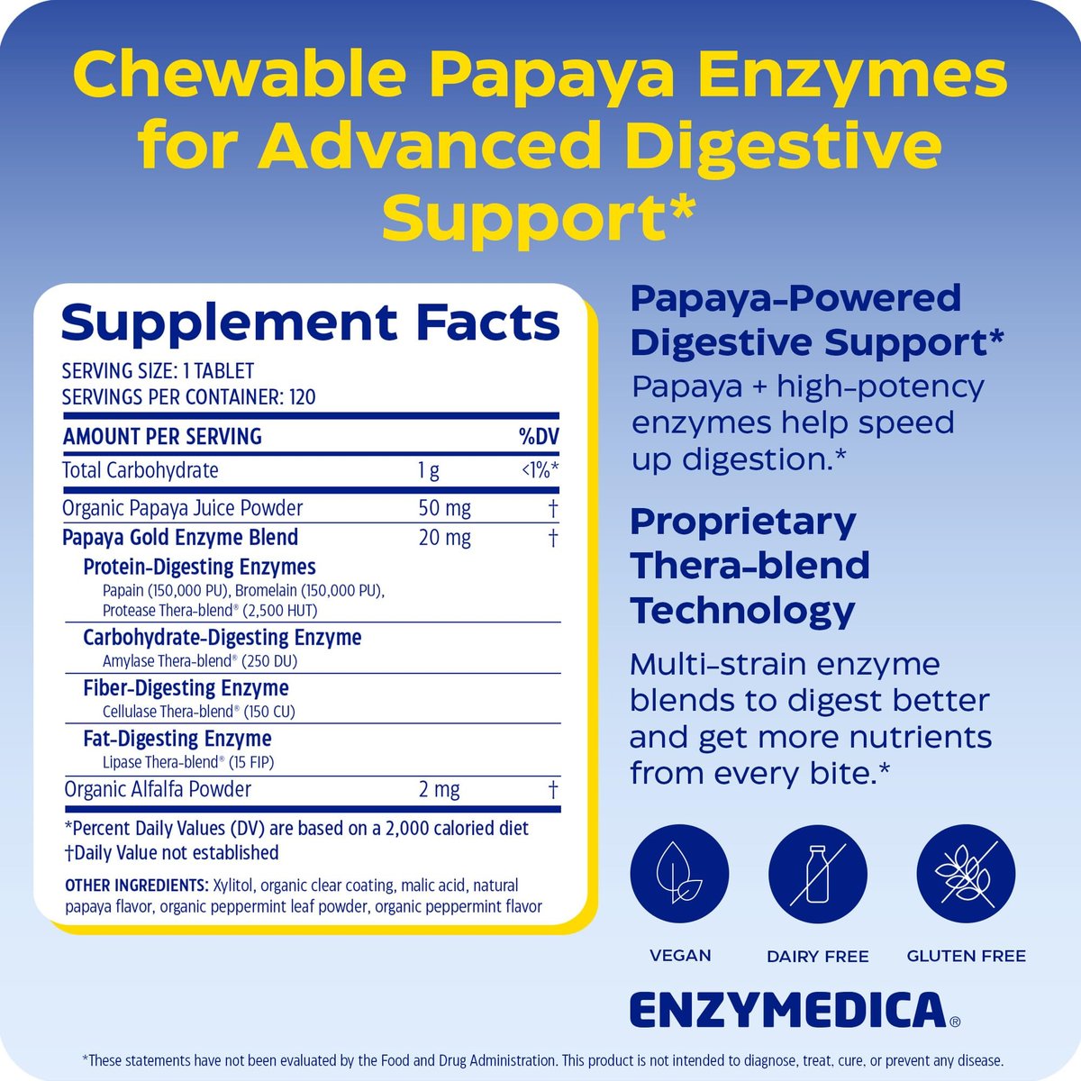 Enzymedica Papaya Gold – Kautabletten mit Papaya-Enzymen, Verdauungsenzyme für Frauen und Männer, Unterstützung der Verdauung und Darmgesundheit, hochwirksames Bromelain und Papain, vegan, glutenfrei – 120 Tabletten