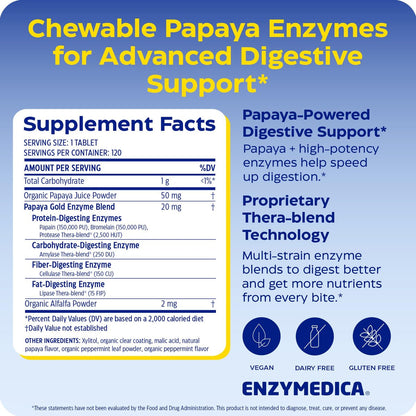Enzymedica Papaya Gold – Kautabletten mit Papaya-Enzymen, Verdauungsenzyme für Frauen und Männer, Unterstützung der Verdauung und Darmgesundheit, hochwirksames Bromelain und Papain, vegan, glutenfrei – 120 Tabletten