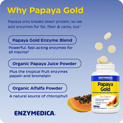 Enzymedica Papaya Gold – Kautabletten mit Papaya-Enzymen, Verdauungsenzyme für Frauen und Männer, Unterstützung der Verdauung und Darmgesundheit, hochwirksames Bromelain und Papain, vegan, glutenfrei – 120 Tabletten